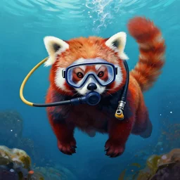 commissioned artwork of a furry anthro female red panda scuba diving, diving mask and snorkel, vivid underwater detail, painted todd lockwood, jeff easley, greg rutkowski, james gurney, artgerm, digital art, trending on artstation