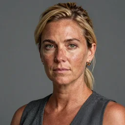 portrait of a woman, 4 0 years old, blonde hair with side parting tied in short ponytail, green eyes, brown suntanned skin, slightly weathered skin, gold ring nose piercing, larger than average nose, gold earrings, charcoal grey vest top, 8 5 mm sigma lens, f / 1. 8, zeiss, by lee jeffries
