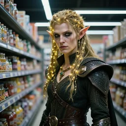 an ultra realistic, cinematic, fantasy, portrait, of an evil elf, elden ring, fairy lights, facial features, stood in a supermarket, with futuristic clothing and neon lights, detailed, deep focus, movie still, dramatic lighting, ray tracing, by michal karcz and yoshitaka amano