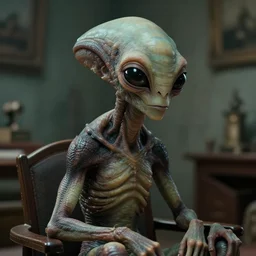 a strange alien creature sits in the home room, film still from the movie directed by Denis Villeneuve with art direction by Zdzisław Beksiński, close up, telephoto lens, shallow depth of field, beautiful detailed intricate insanely detailed octane render, 8K artistic photography, photorealistic