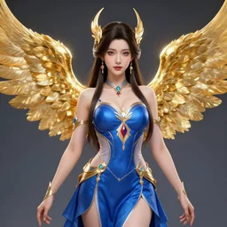 portrait of a woman in a blue dress with gold wings, a character portrait by lu ji, artstation, fantasy art, artstation hd, polycount, 2 d game art