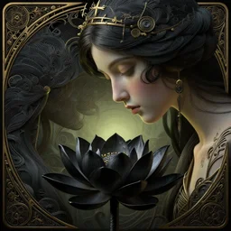 a beautiful and hyperdetailed illustration of a woman looking down at a black lotus flower, centered in frame, viewed in profile, art nouveau, ultrawide lens, 8 k, volumetric lighting, cinematic, find detail, cell shaded, intricate detail, octane render, art by chris rahn and greg rutkowski and adam paquette