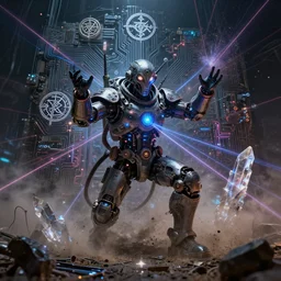 spaceman sorcerer performing satanic ritual, technology and magick, circuitry and sigils combined, photorealistic, technical, royo, frazetta, giger, leds, dust, laser light, crystalline shimmers, chaos, complexity, emergence,