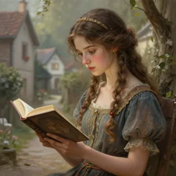 village girl reading a book, cinematic, intricate, elegant, highly detailed, digital painting, artstation, concept art, smooth, sharp, focus, illustration, art by artgerm and Johfra Bosschart