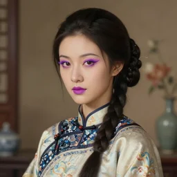 portrait painting of twenty - eight - year - old young woman, like su qing, plaited hair, by wenjun lin, irakli nadar, makeup purple mascara lipstick bright colors, octopath traveler, wenjun lin, unreal engine 5 highly rendered, subsurface scattering, global illumination, radiant light, detailed and intricate environment song dynasty era