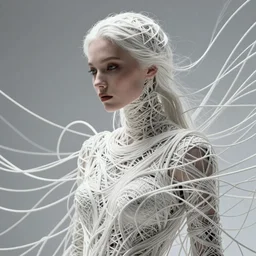 a highly detalied digital image of a futuristic woman elegantly tangled in white threads, by Andrew Chiampo, artstation, and Frederik Heyman, extremely detailed woman, stunning volumetric lighting, hyper realism, fantasy 4k, 8k
