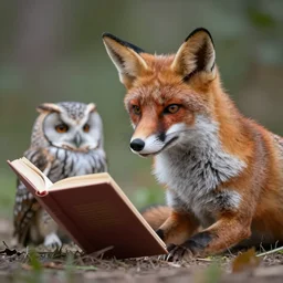 a fox is listening to a wise book reading owl.