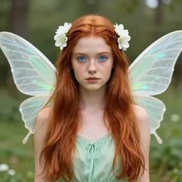 fairy wings ; young adult woman ; long straight ginger red hair white flowers ; bright blue eyes ; teen face ; innocent ; green dress ; portrait ; trending on artstation ; digital art