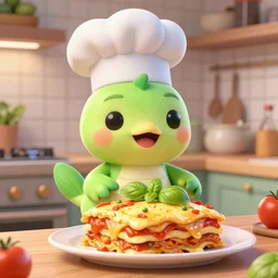 pixar style cute platypus on a kitchen wearing a chef hat and holding a lasagna into an over, with three basil leaves over the lasagna, pixar style, ultradetailed, 3 d, ratatouille style