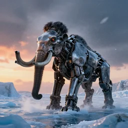 “photo of a mechanical mammoth inspired by h.r.giger in an arctic storm, cold sunset, wind , ice”