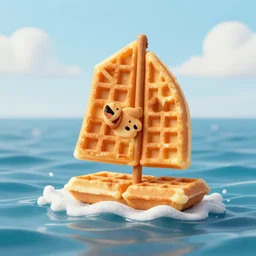a dog made of waffles sailing at sea