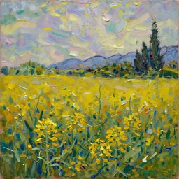 oil paint impasto relief, beautiful evening view of an oilseed field, evening, multi layered thick brush marks, some splattered paint, in the style of ivan shishkin and frank auerbach and van gogh