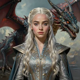 a portrait painting of daenerys targaryen in fantastic dress next to a dragon, medium shot, clear face, detailed face, symmetrical face, face enhancement, rim light, by jaime jones, tom bagshaw, lawrence alma - tadema, greg rutkowski, deviantart contest winner, fantasy art, intricate, elegant, highly detailed, 8 k, digital painting, concept art, sharp focus, illustration, golden ratio, mythological, cinematic lighting, maximalist