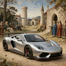 Medieval painting of a sport car. High resolution. Highly detailed. Art station. 8k