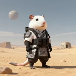 anthropomorphic rodent with white and black ancestral ornate japanese tactical gear on an abandonment desert planet, long shot, rule of thirds, golden ratio, graphic novel by fiona staples and dustin nguyen, by beaststars and orange, peter elson, alan bean, studio ghibli, makoto shinkai