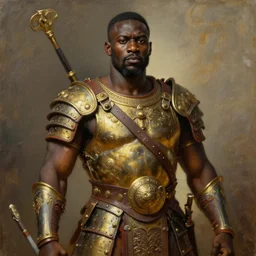 a powerful and muscular make african warrior , half body portrait, ornate armour, realistic oil painting by Thomas Cole and Wayne Barlowe