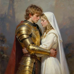 Teen Barbarian boy in gold armor and Young priestess in white robes embrace in a hug, romantic, high fantasy, epic, lovely, colorful, by Frank Franzetta, artstationHD, artstationHQ, trending on artstation, cgsociety, oil painting