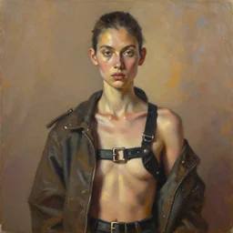 portrait in daring femininity, ethnic, realistic face sculpted features, thin and statuesque model, punk street outfit with jacket, harness and buckles, warm glow, bathed in light, chiaroscuro, specular highlights, angular impressionism, radiosity, natural color scheme, earthy tones, modern fashion, contemporary art, oil on canvas