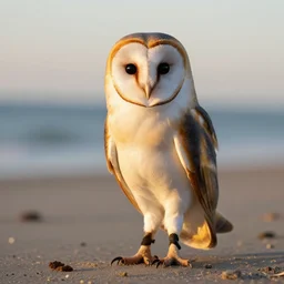 barn owl in a beach, canon photo, very detailed, winning award photo, golden hour