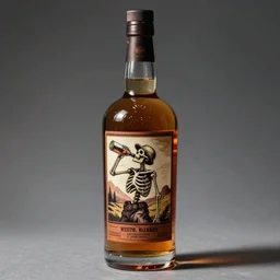 studio photography of an old west whiskey bottle on a flat grey background, bottle has a label featuring illustration of a skeleton drinking from the same bottle