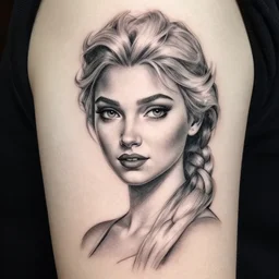 realism tattoo sketch of elsa hosk as a beautiful greek goddess aphrodite with piercing eyes wearing a laurel wreath and triangle earrings, in the style of greg rutkowski, amazing detail