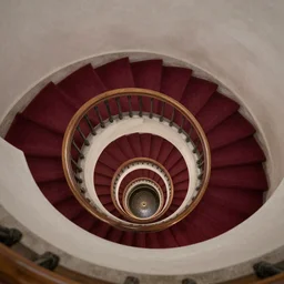 3d rendering of looking directly down a spiral staircase from above with maroon carpet and a wooden handrail, hd, hdr, cinematic 8k, ultra detailed, high resolution