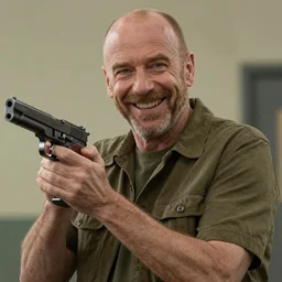 a medium shot photo of saul goodman extremely happy to have a gun ,8k, DSLR, highly detailed skin