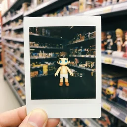 action figure aisle at kb toys taken from a shrunken down pov. close up on one toy in focus. polaroid - h 6 4 0