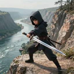 a beautiful cinematic image of a hooded boy wielding a sword on a beautiful cliff side below a river, cinematic, 4k, realistic, anime artwork, rtx, hyperrealistic, unreal