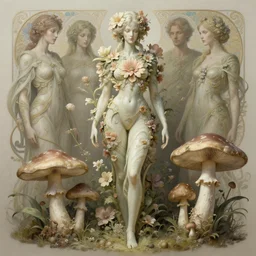 organic cyborg, flowers and mushroom, diffuse lighting, fantasy, intricate, elegant, highly detailed, lifelike, photorealistic, digital painting, artstation, illustration, concept art, smooth, sharp focus, art by john collier and albert aublet and krenz cushart and artem demura and alphonse mucha