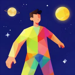 flat vibrant colors, thick lines, polygonal. Person in space