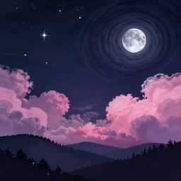 matte painting layered night sky. Stars and a swirly starry night moon. pink and purple ombre puffy cotton candy clouds. Dark hills forest silhouette below. Cyril Roland