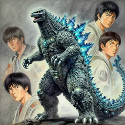 godzilla _ painting, glowing lights by greg ruthowski yoshikata amano _ yoji _ shinkawa _ alphonse _ murac _ collaborative _ artwork _ beautifully _ drawn
