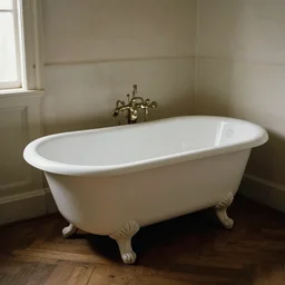 an old bathroom in france, an antique white clawfoot bathtub, wooden floor, soft lighting from the left, cinematic, by jeremy lipking, joseph todorovitch, greg rutkowski