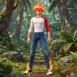 nagatoro using white and red tight raglan sleeves, tight blue jeans and cool shoes in a tropical forest, fire hair in flames, artstation, 3 d ray tracing, octane render