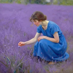 detailed oil painting of a woman in blue squatting to pick up a flower in a wide purple lawn