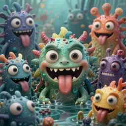 intricate colourful murky with strange cute friendly angry crazy smile creatures with huge beauty eyes long tongue triangle teeth and scary face appearing from the water, in the style of craola, shallow depth of field, highly detailed, digital painting, trending artstation, concept art, illustration, cinematic lighting, vibrant colors, photorealism, epic, octane render