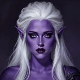 head-on centered symmetrical painted portrait, Purple-skinned Kristen Stewart as a D&D wizard, dark purple skin, white hair, elf ears, fantasy, intricate, elegant, highly detailed, digital painting, smooth, sharp focus, illustration, dramatic lighting, artstation, in the style of Artgerm and Anna Podedworna and Alex Ross
