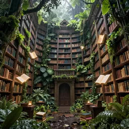 a decaying old library, a rainforest growing between the shelves, magical glowing books flying, highly detailed, intricate detail, volumetric lighting, dramatic scenery, beautiful 3 d rendering, octane render, trending on artstation