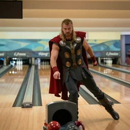 film still of Thor working in a bowling alley in the new Avengers movie, 4k