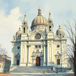 cathedral in greco - roman architecture style. highly detailed, digital painting, watercolor, soviet realism, engraving, artstation, concept art, smooth, sharp focus, vivid grunge, manga, illustration, unreal engine 5, 8 k, art by bilibin and kuvshinov and malevich and mucha