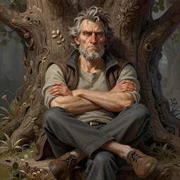a grumphy man, legs crossed, arms crossed. under a tree. intricate, elegant, highly detailed, digital painting, artstation, concept art, sharp focus, illustration, by justin gerard and artgerm, 8 k