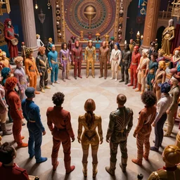 love, diverse love cybersuits, from behind, love rituals, wide wide angle, vivid, elaborate, highly detailed, beautiful lighting