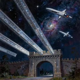 C-beams glittering in the dark near the Tannhäuser Gate by Stewart Cowley, starships, nebula, concept art, trending in artstation, oil on canvas 8k