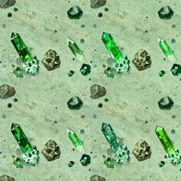 long green gemstone crystals and rocky gems, detailed ground terrain albedo texture, flat, 2 d texture, seamless