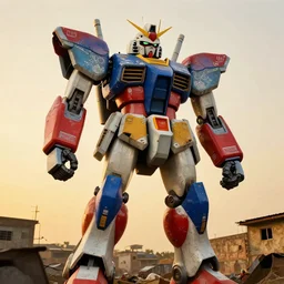 colourful - damaged - giant mecha ROBOT of AJEGUNLE SLUMS of Lagos, markings on robot, Golden Hour,