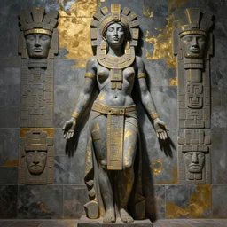 beautiful aztec inca woman colossus full body well proportioned in tunic stands posing among tiles by eddie mendoza hyperrealism cyborgess expressive dramatic symmetrical very very detailed giger beksinski grey and gold shadows