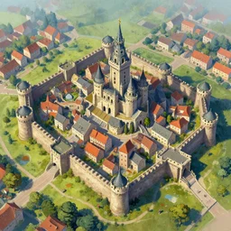 a digital painting of a walled city, vibrant colors, ultra detailed, medieval, fantasy, drone photo, aerial view