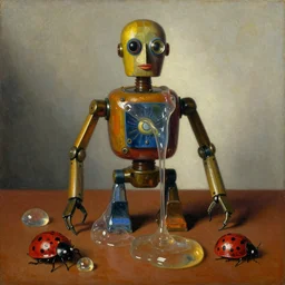 strange robot body, disturbing colorful oil painting dutch golden age vanitas still life sparse composition with bizarre objects strange gooey transparent surfaces shiny metal reflections lady bugs rachel ruysch dali todd schorr very detailed perfect composition rule of thirds masterpiece canon 5 0 mm, cinematic lighting, photography, retro, film, kodachrome