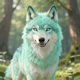 Beautiful portrait digital painting of an anthro anthropomorphic mint color wolf at a forest day time.